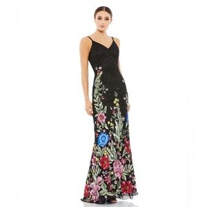 Mac Duggal Floral Embellished Spaghetti Strap Gown 5475